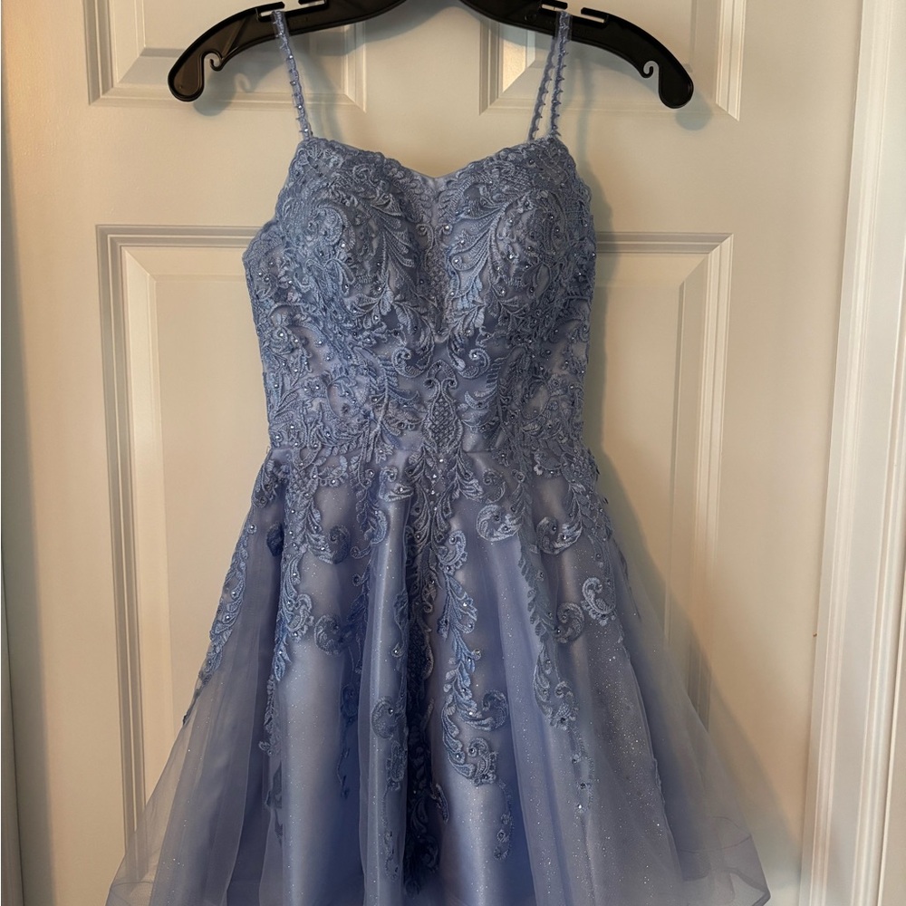 Lace-Embroidered Light Blue Spaghetti-Strap Mini Dress
